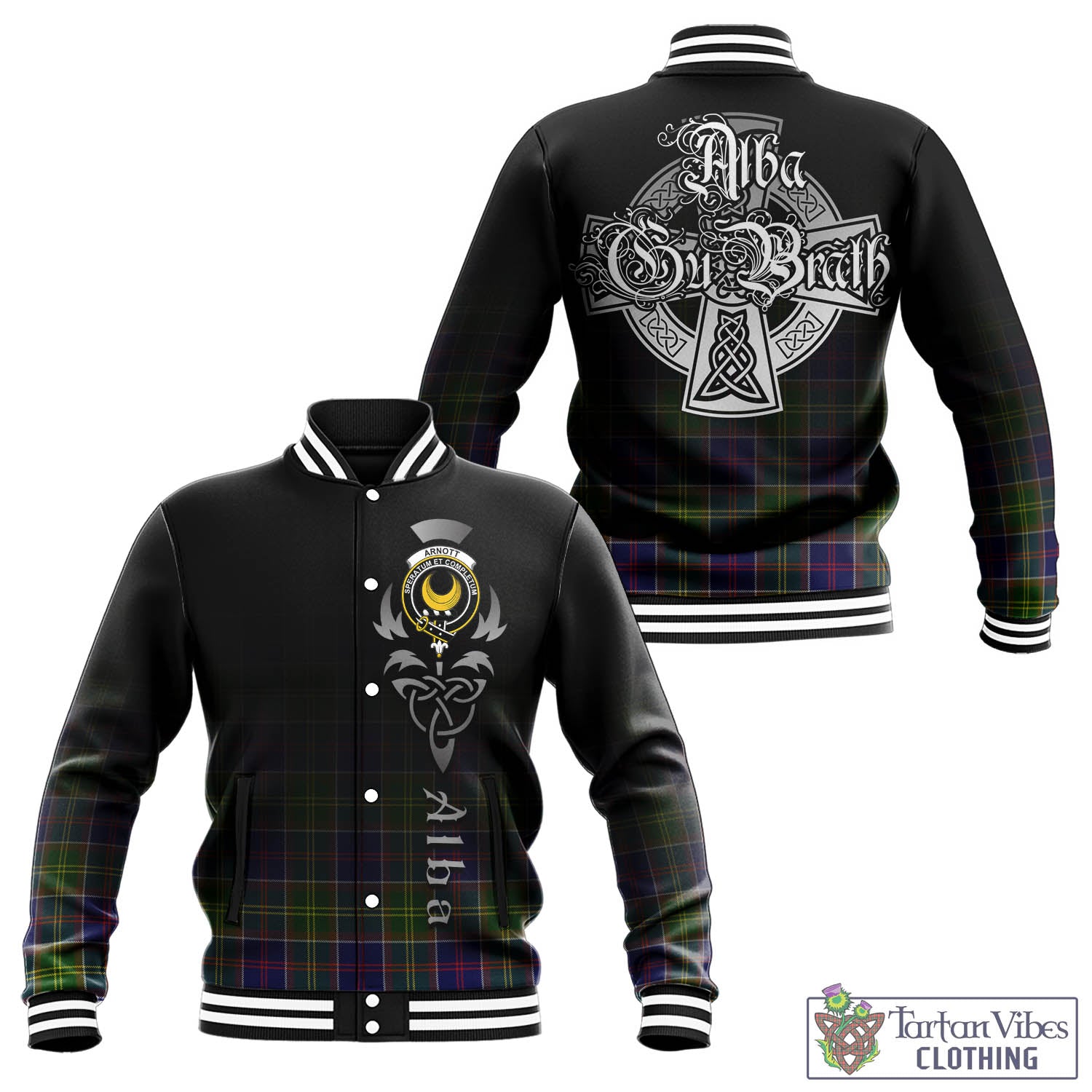 Tartan Vibes Clothing Arnott Tartan Baseball Jacket Featuring Alba Gu Brath Family Crest Celtic Inspired