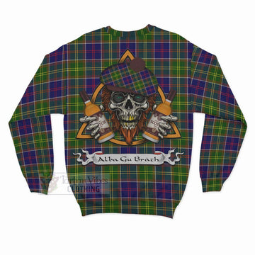 Arnott Tartan Sweatshirt with Family Crest and Bearded Skull Holding Bottles of Whiskey - Tartan Vibes Clothing
