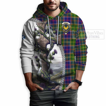 Arnott Tartan Hoodie with Family Crest and St. Andrew's Cross Accented by Thistle Vines - Tartan Vibes Clothing