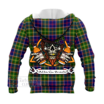 Arnott Tartan Knitted Hoodie with Family Crest and Bearded Skull Holding Bottles of Whiskey - Tartan Vibes Clothing