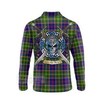 Arnott Tartan Long Sleeve Polo Shirt with Family Crest Celtic Skull Style - Tartan Vibes Clothing
