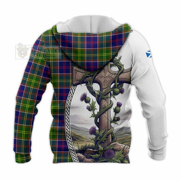 Arnott Tartan Knitted Hoodie with Family Crest and St. Andrew's Cross Accented by Thistle Vines - Tartan Vibes Clothing