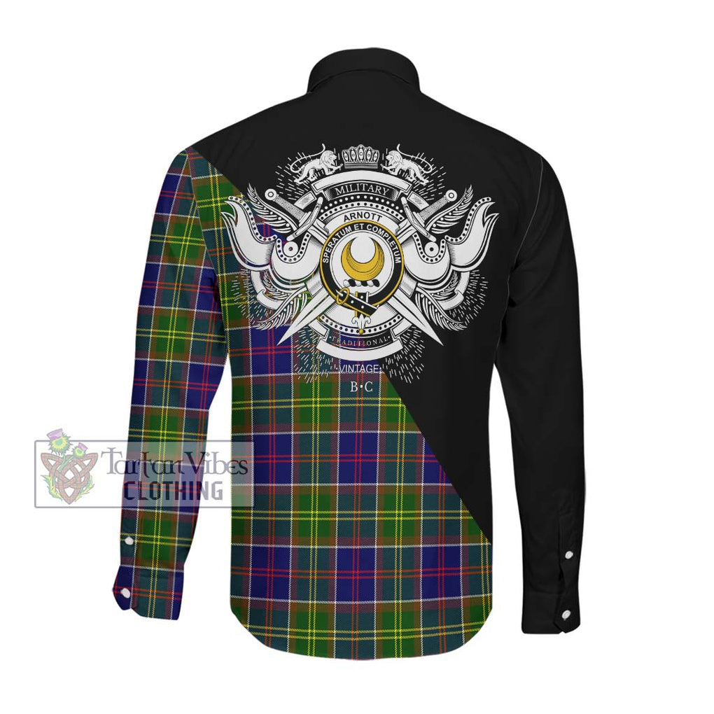 Arnott Tartan Long Sleeve Button Shirt with Family Crest and Military Logo Style Men's Shirt - Tartanvibesclothing Shop