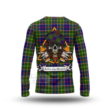 Arnott Tartan Long Sleeve T-Shirt with Family Crest and Bearded Skull Holding Bottles of Whiskey - Tartan Vibes Clothing