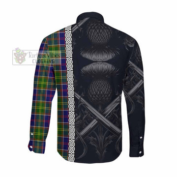 Tartan Vibes Clothing Arnott Tartan Long Sleeve Button Shirt with Family Crest Cross Sword Thistle Celtic Vibes