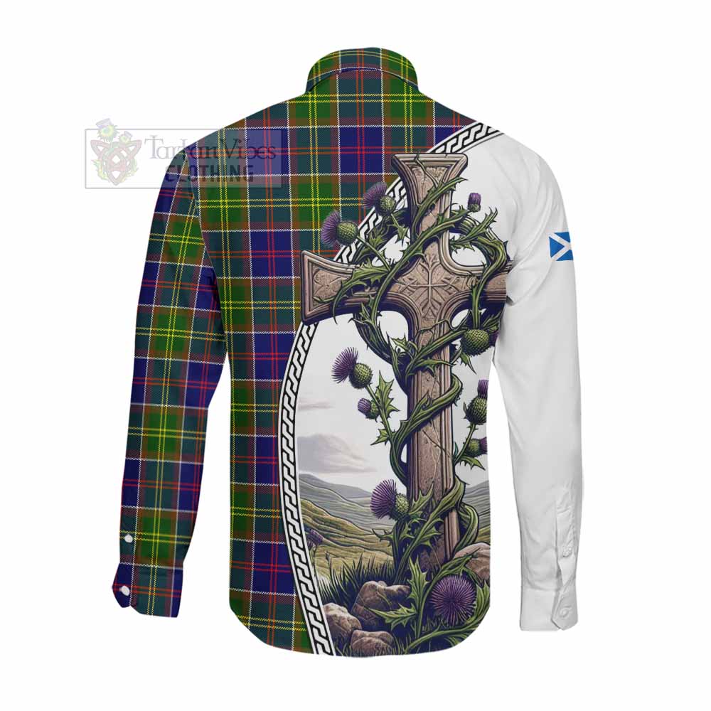 Arnott Tartan Long Sleeve Button Shirt with Family Crest and St. Andrew's Cross Accented by Thistle Vines Men's Shirt - Tartan Vibes Clothing