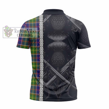 Arnott Tartan Zipper Polo Shirt with Family Crest Cross Sword Thistle Celtic Vibes - Tartan Vibes Clothing