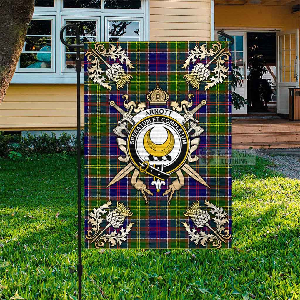 Tartan Vibes Clothing Arnott Tartan Flag with Family Crest and Golden Thistle Crossed Sword Design