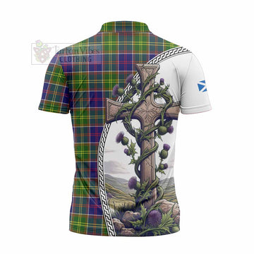 Arnott Tartan Zipper Polo Shirt with Family Crest and St. Andrew's Cross Accented by Thistle Vines - Tartan Vibes Clothing
