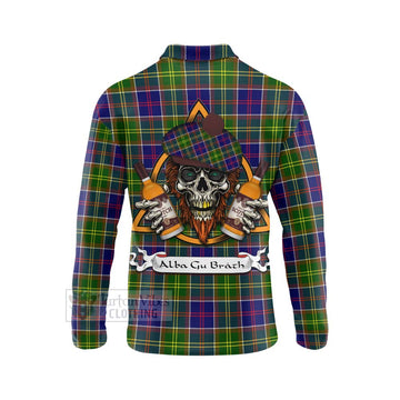 Arnott Tartan Long Sleeve Polo Shirt with Family Crest and Bearded Skull Holding Bottles of Whiskey - Tartan Vibes Clothing