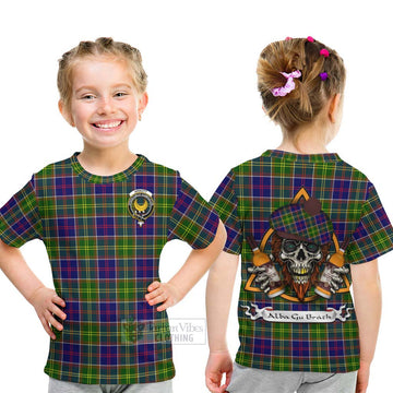 Arnott Tartan Kid T-Shirt with Family Crest and Bearded Skull Holding Bottles of Whiskey - Tartan Vibes Clothing