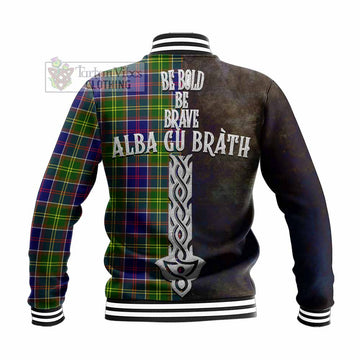 Tartan Vibes Clothing Arnott Tartan Family Crest Baseball Jacket Alba Gu Brath Be Brave Lion Ancient Style