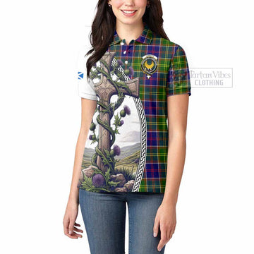 Arnott Tartan Women's Polo Shirt with Family Crest and St. Andrew's Cross Accented by Thistle Vines - Tartan Vibes Clothing