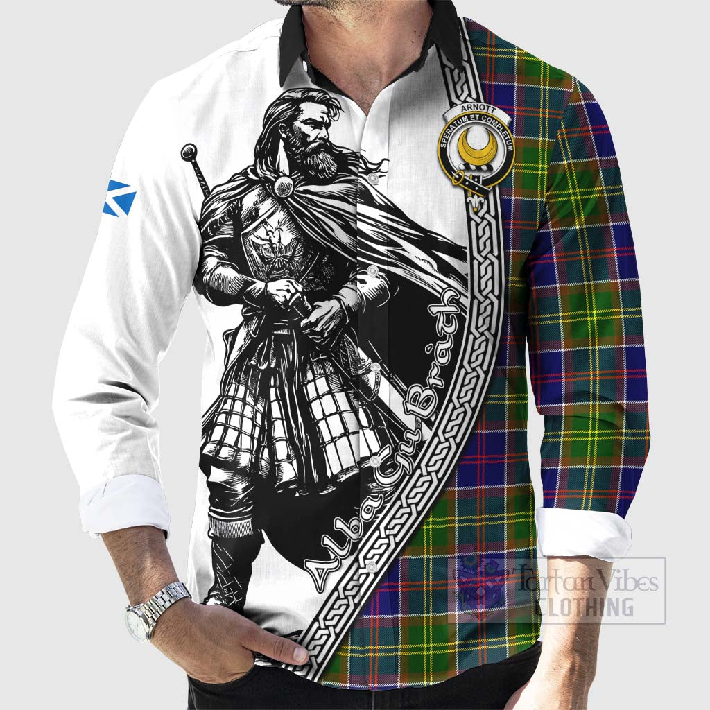 Arnott Tartan Clan Crest Long Sleeve Button Shirt with Highlander Warrior Celtic Style - Tartan Vibes Clothing