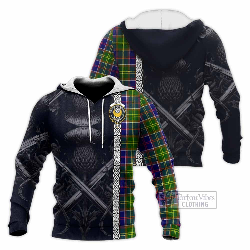 Arnott Tartan Knitted Hoodie with Family Crest Cross Sword Thistle Celtic Vibes - Tartan Vibes Clothing