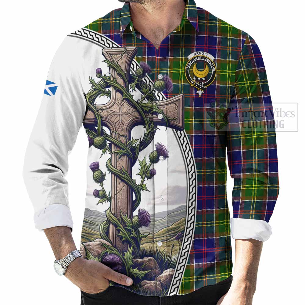 Arnott Tartan Long Sleeve Button Shirt with Family Crest and St. Andrew's Cross Accented by Thistle Vines - Tartan Vibes Clothing