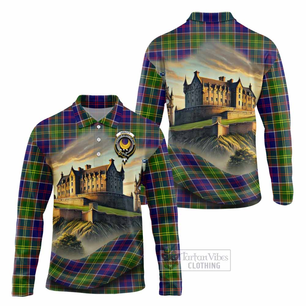 Arnott Tartan Family Crest Long Sleeve Polo Shirt with Scottish Ancient Castle Style - Tartan Vibes Clothing