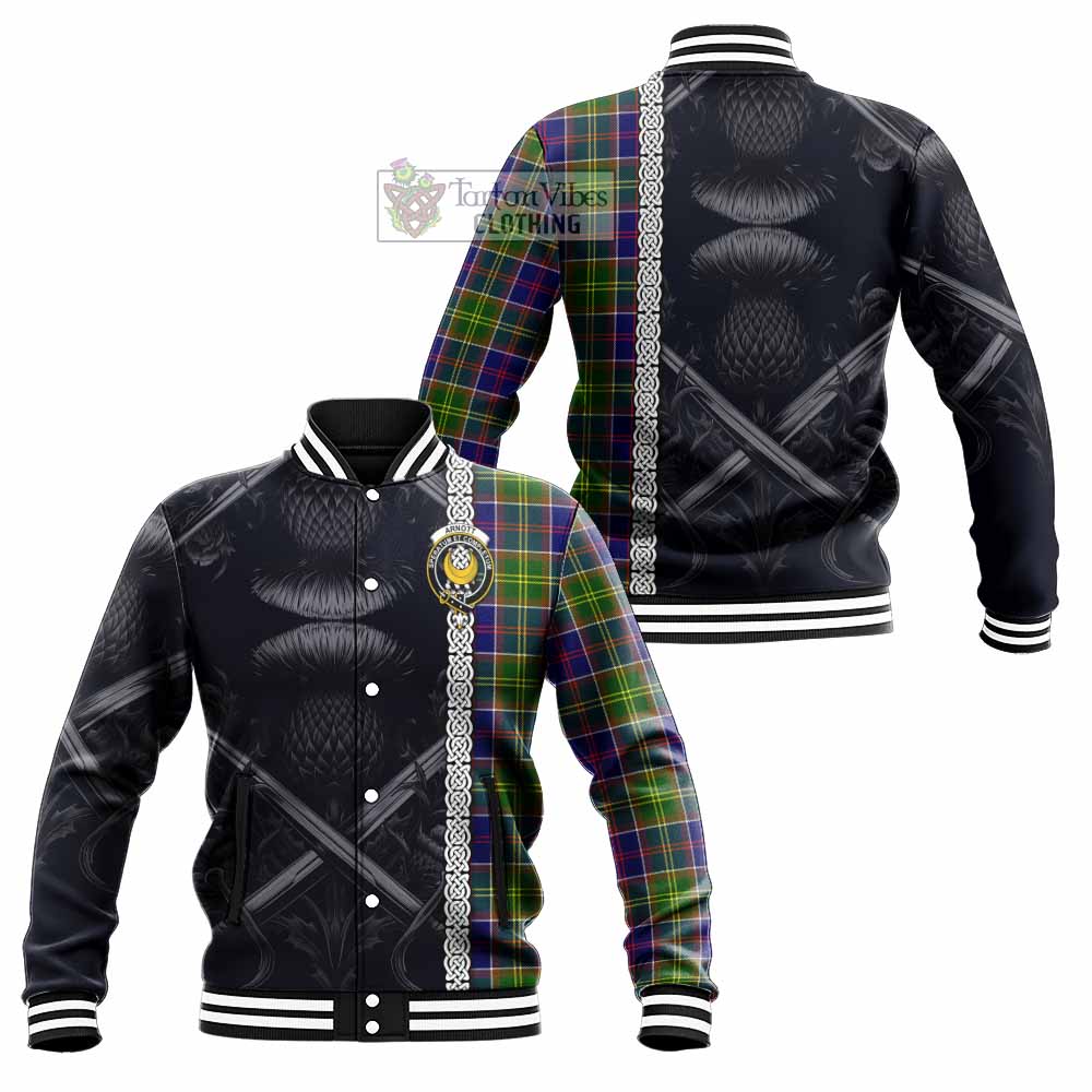 Arnott Tartan Baseball Jacket with Family Crest Cross Sword Thistle Celtic Vibes - Tartan Vibes Clothing