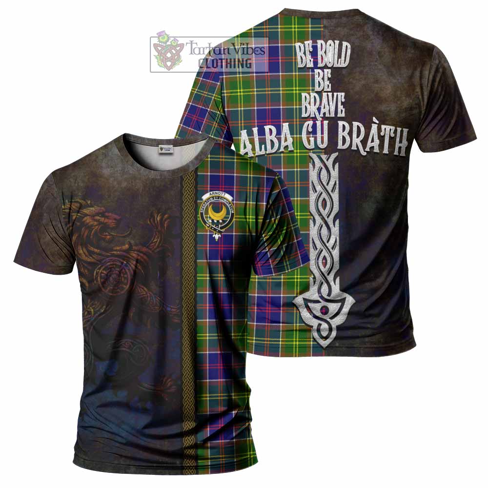 Arnott Tartan Family Crest T-Shirt Alba Gu Brath Be Brave Lion Ancient Style - Tartan Vibes Clothing