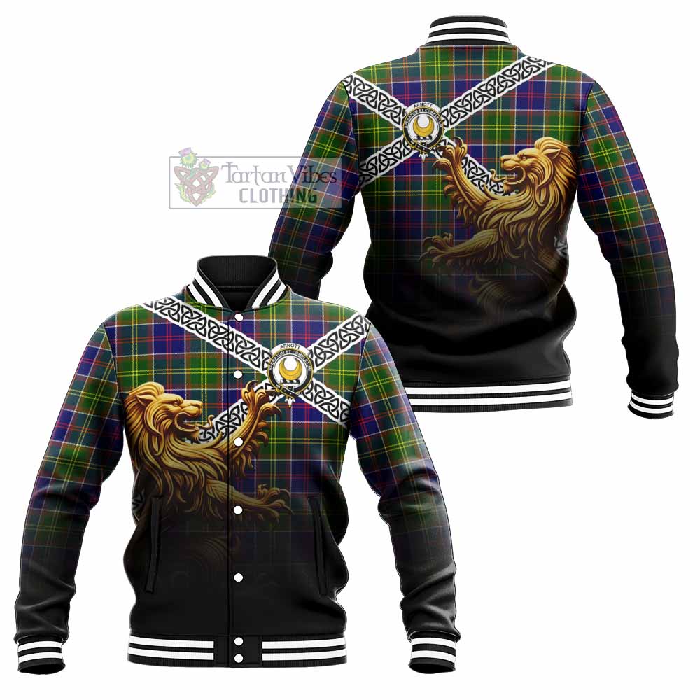 Arnott Crest Tartan Baseball Jacket with Golden Lion Emblem Celtic Style - Tartan Vibes Clothing