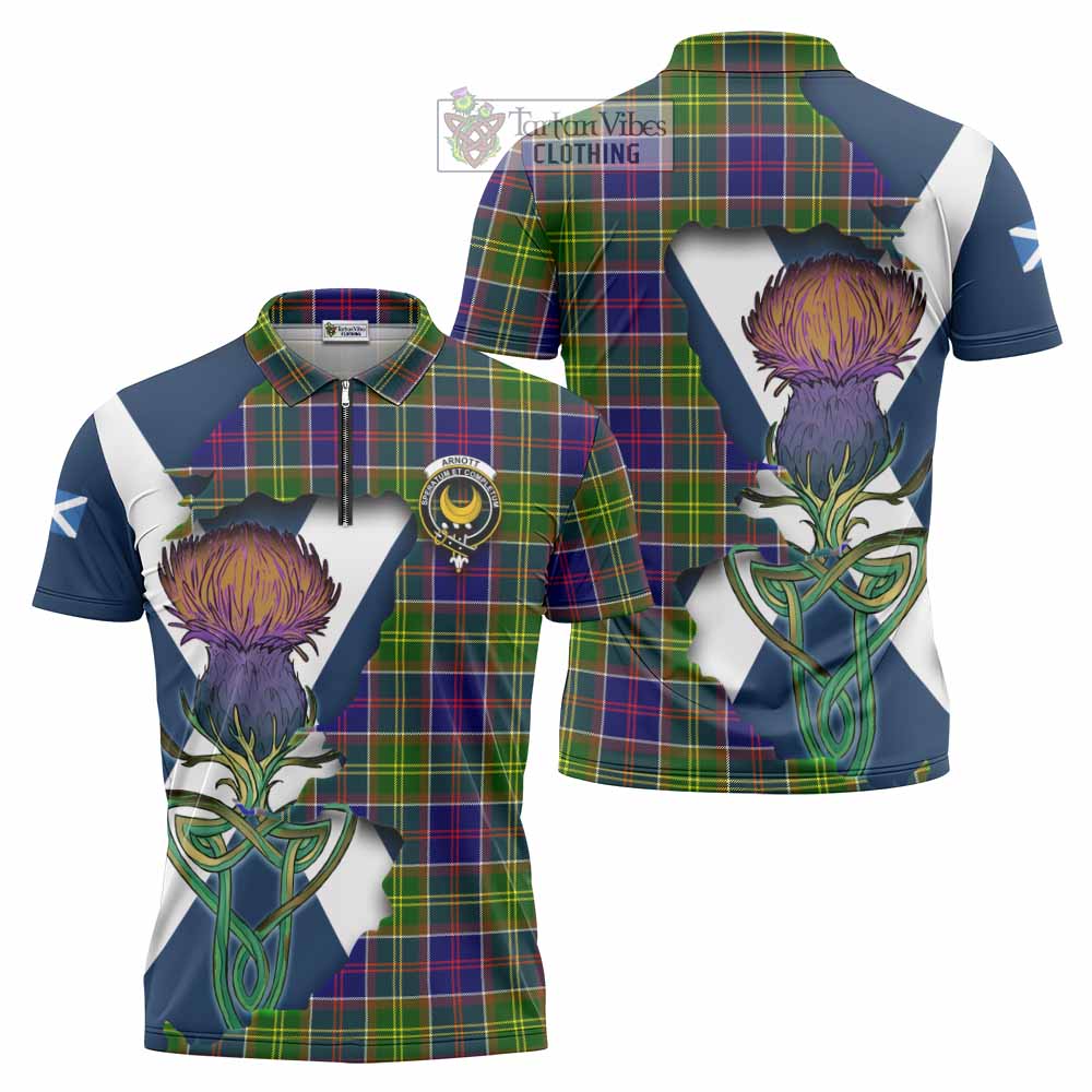 Tartan Vibes Clothing Arnott Tartan Family Crest Zipper Polo Shirt Scottish Thistle Celtic Inspired