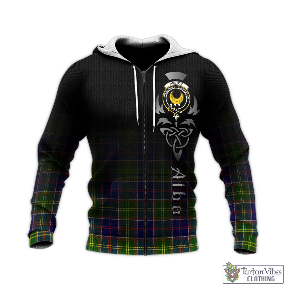 Tartan Vibes Clothing Arnott Tartan Knitted Hoodie Featuring Alba Gu Brath Family Crest Celtic Inspired