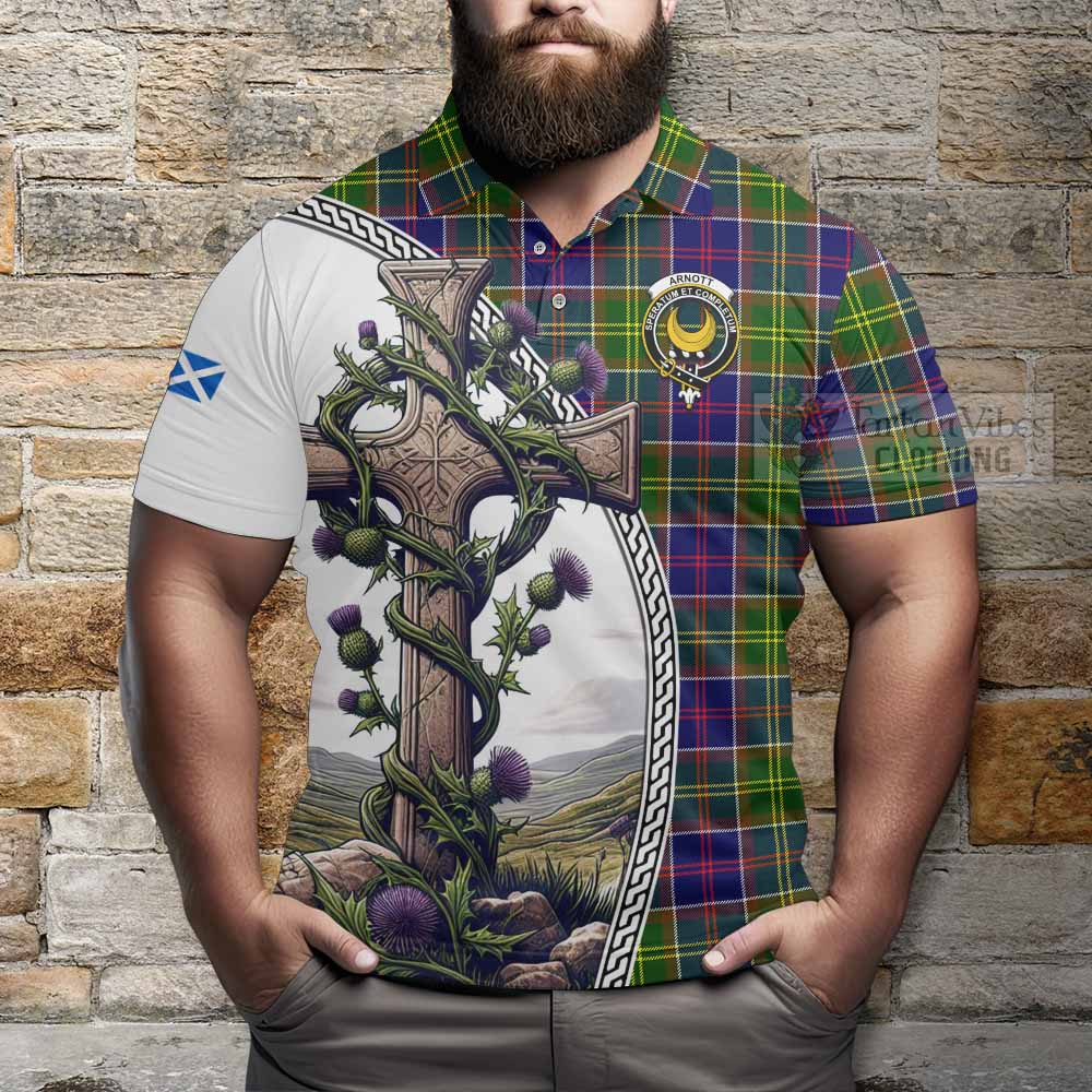 Tartan Vibes Clothing Arnott Tartan Polo Shirt with Family Crest and St. Andrew's Cross Accented by Thistle Vines