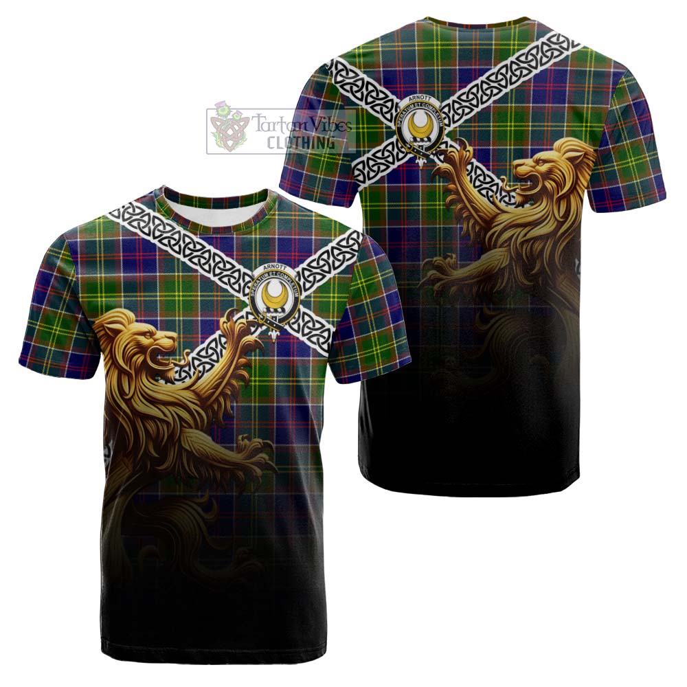 Tartan Vibes Clothing Arnott Crest Tartan Cotton T-shirt with Golden Lion Emblem Celtic Style