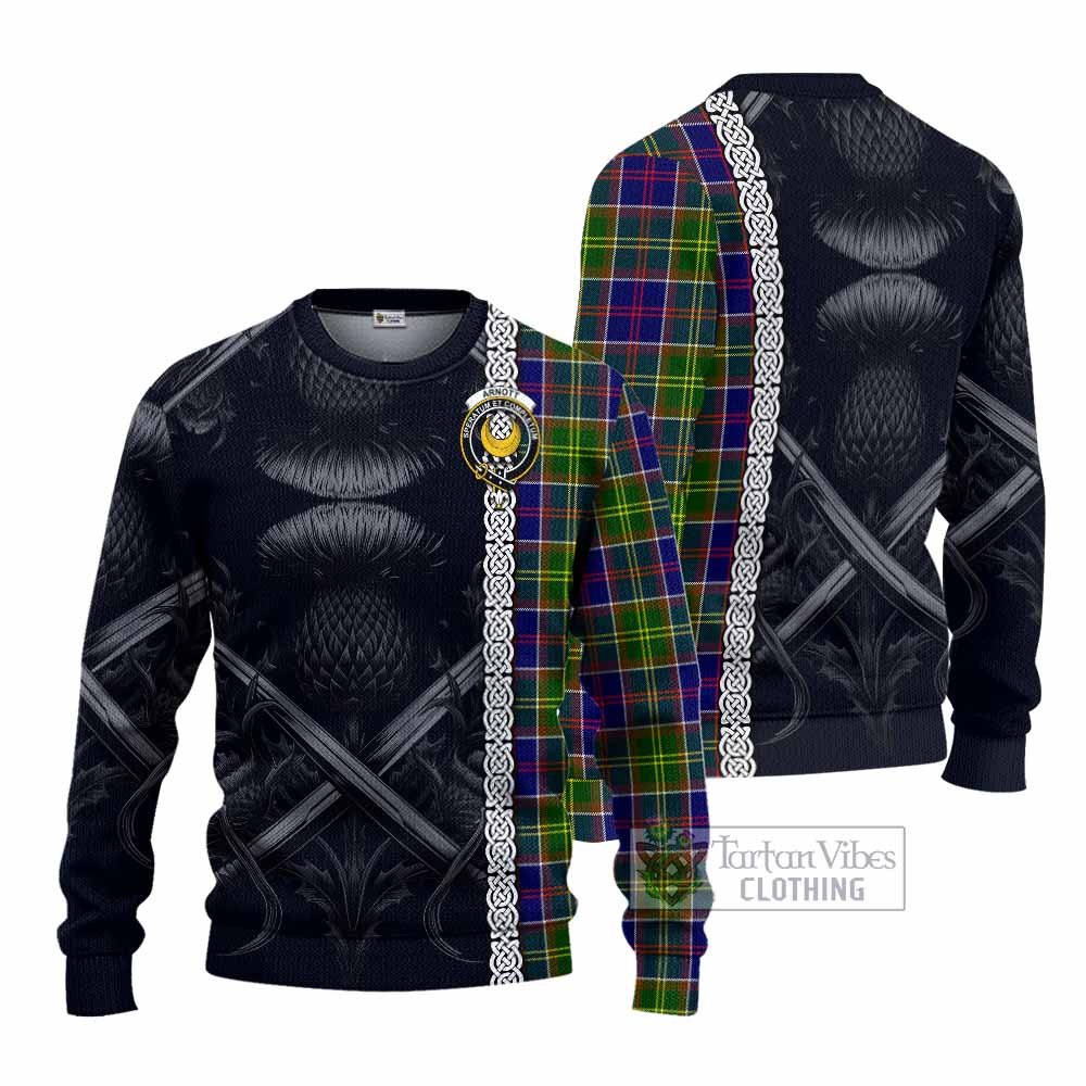 Arnott Tartan Knitted Sweater with Family Crest Cross Sword Thistle Celtic Vibes - Tartan Vibes Clothing