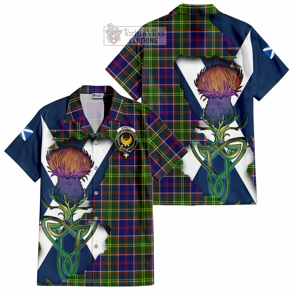 Tartan Vibes Clothing Arnott Tartan Family Crest Short Sleeve Button Shirt Scottish Thistle Celtic Inspired