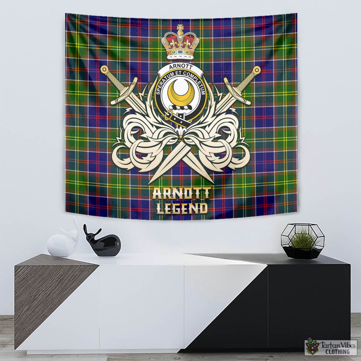 Tartan Vibes Clothing Arnott Tartan Tapestry with Clan Crest and the Golden Sword of Courageous Legacy