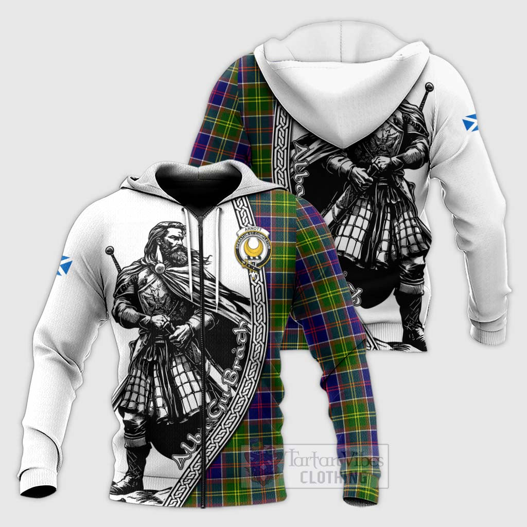 Arnott Tartan Clan Crest Knitted Hoodie with Highlander Warrior Celtic Style Unisex Knitted Zip Hoodie - Tartan Vibes Clothing