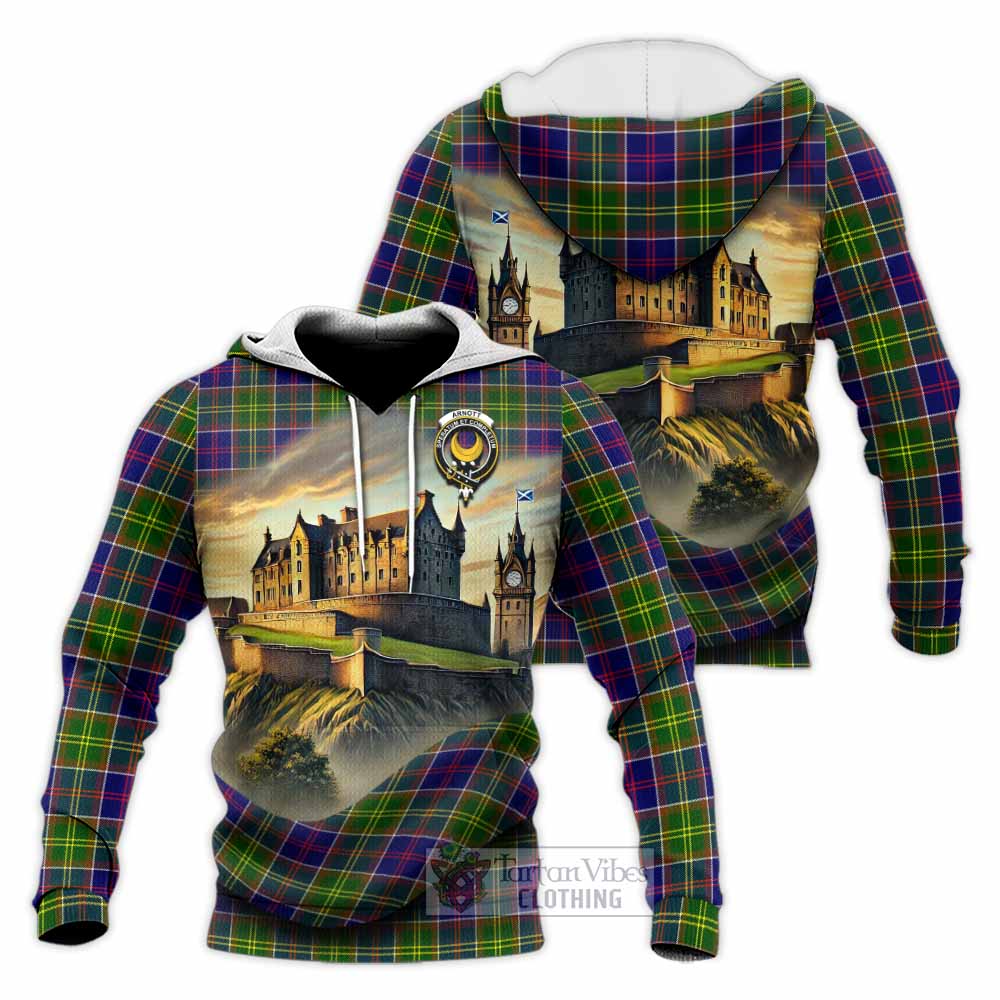 Arnott Tartan Family Crest Knitted Hoodie with Scottish Ancient Castle Style - Tartan Vibes Clothing