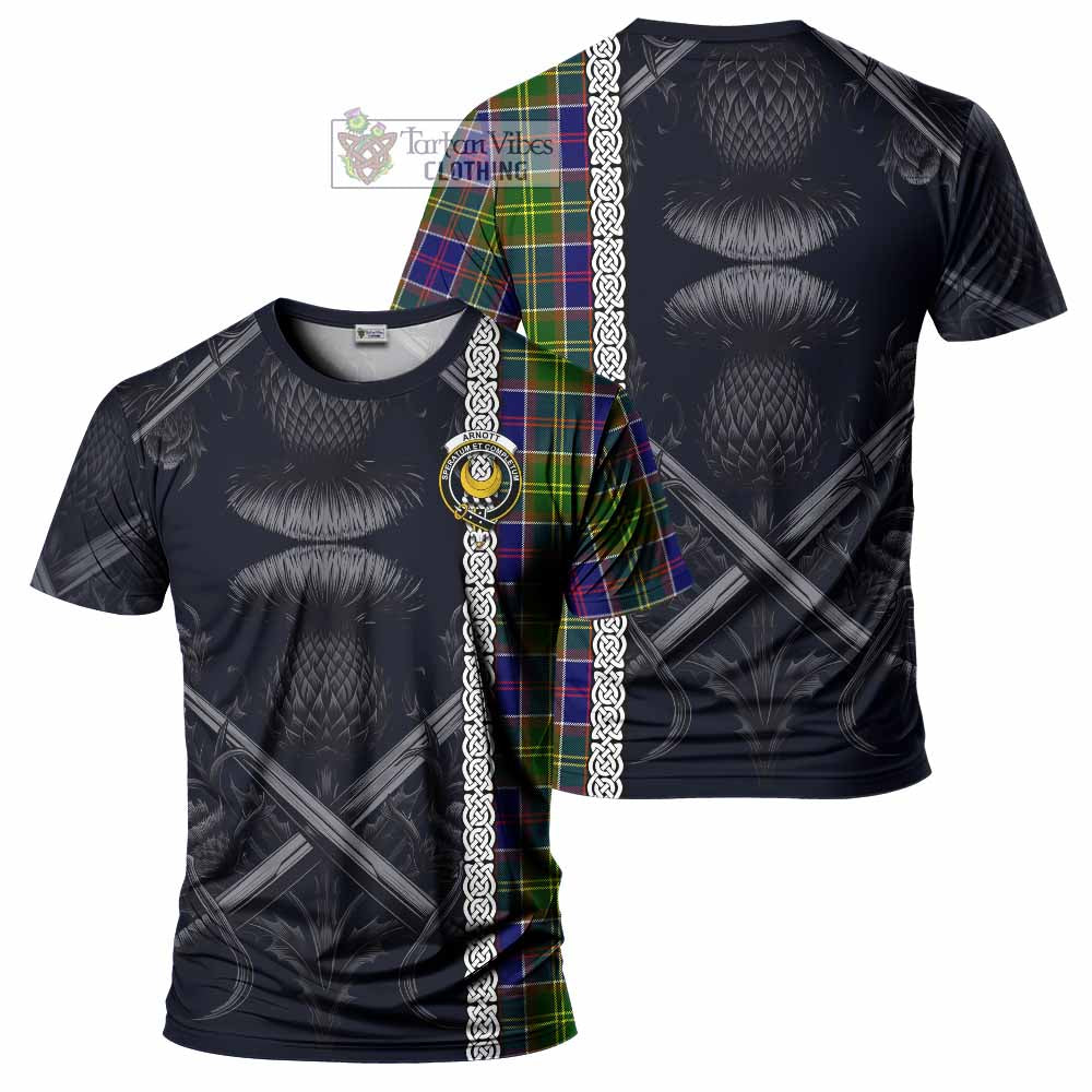 Tartan Vibes Clothing Arnott Tartan T-Shirt with Family Crest Cross Sword Thistle Celtic Vibes