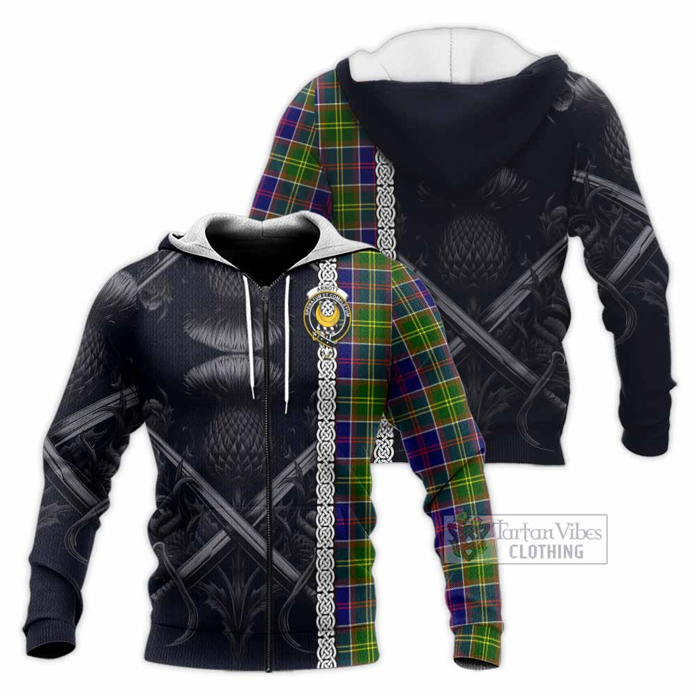 Arnott Tartan Knitted Hoodie with Family Crest Cross Sword Thistle Celtic Vibes Unisex Knitted Zip Hoodie - Tartan Vibes Clothing