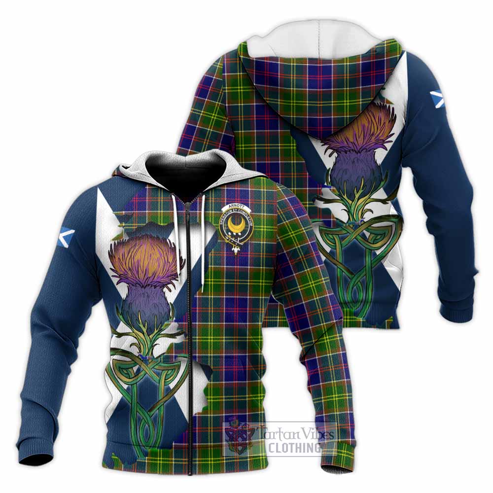 Tartan Vibes Clothing Arnott Tartan Family Crest Knitted Hoodie Scottish Thistle Celtic Inspired