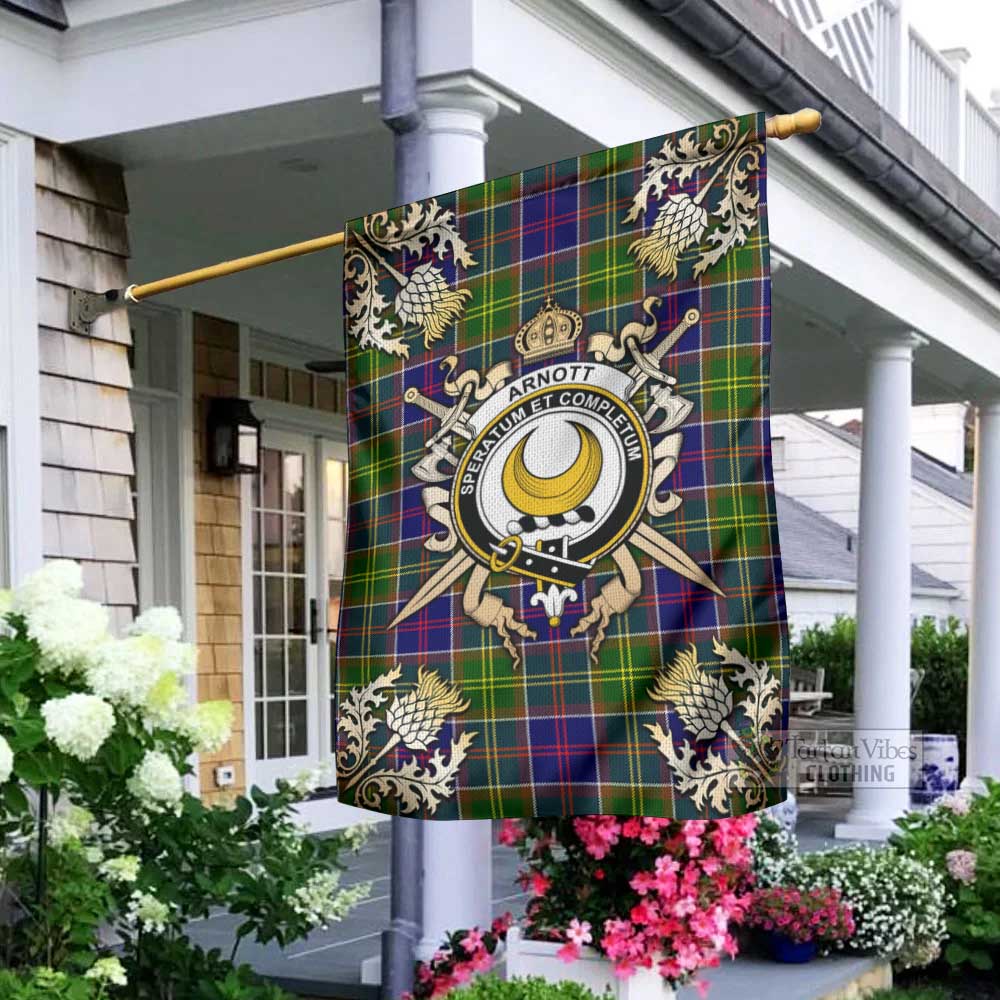 Tartan Vibes Clothing Arnott Tartan Flag with Family Crest and Golden Thistle Crossed Sword Design