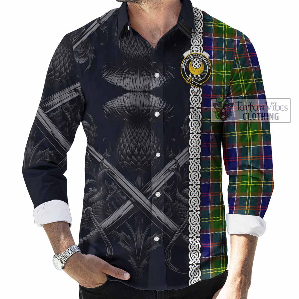 Tartan Vibes Clothing Arnott Tartan Long Sleeve Button Shirt with Family Crest Cross Sword Thistle Celtic Vibes
