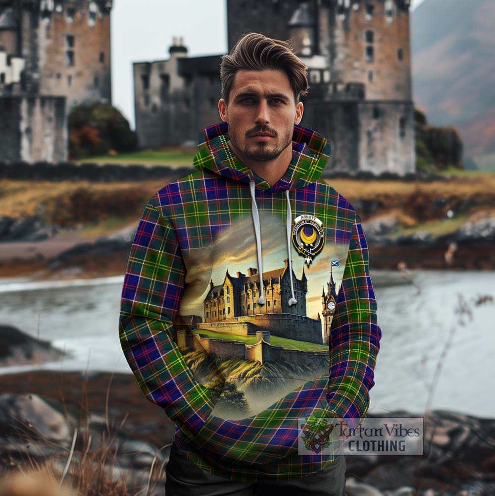 Arnott Tartan Family Crest Cotton Hoodie with Scottish Ancient Castle Style - Tartan Vibes Clothing