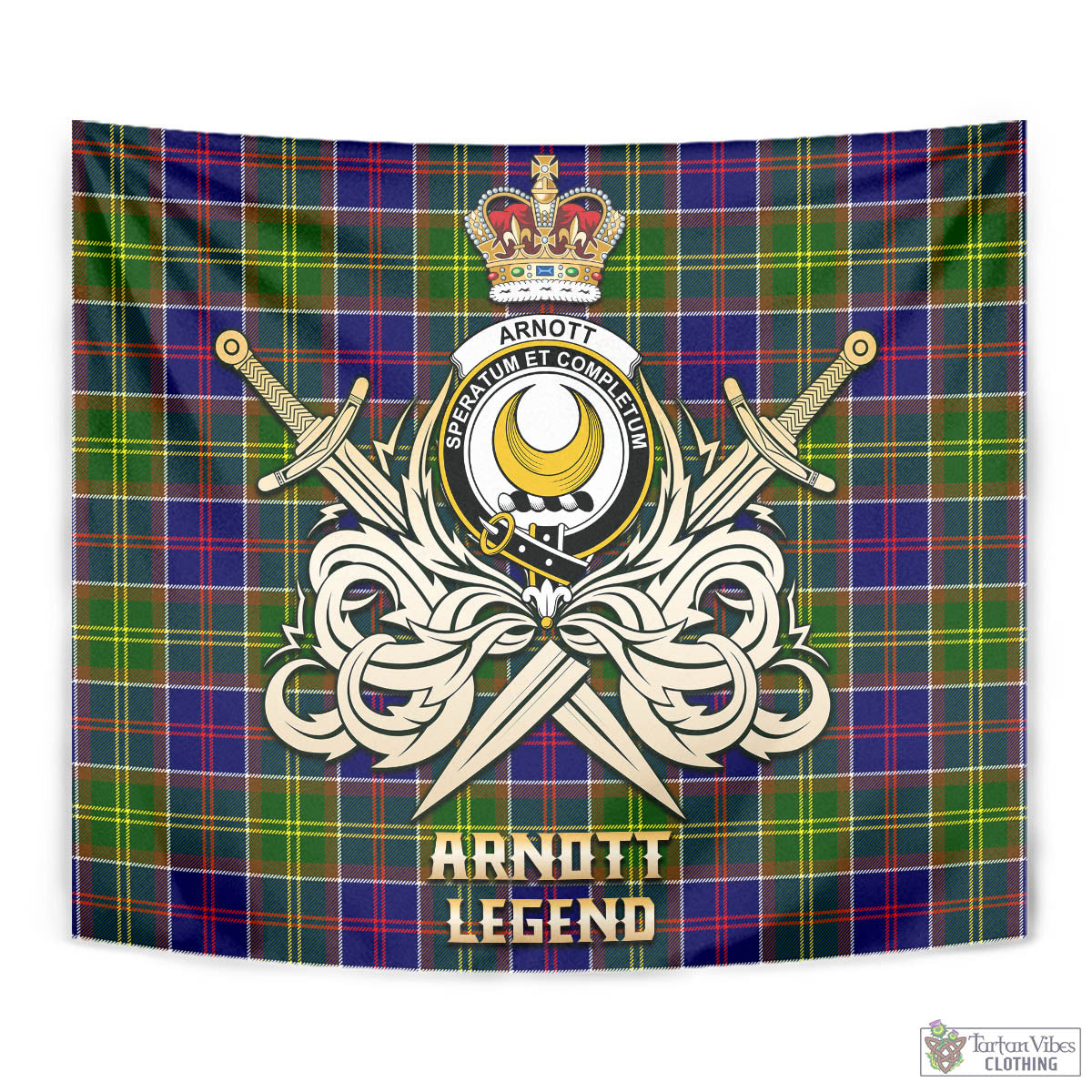 Tartan Vibes Clothing Arnott Tartan Tapestry with Clan Crest and the Golden Sword of Courageous Legacy