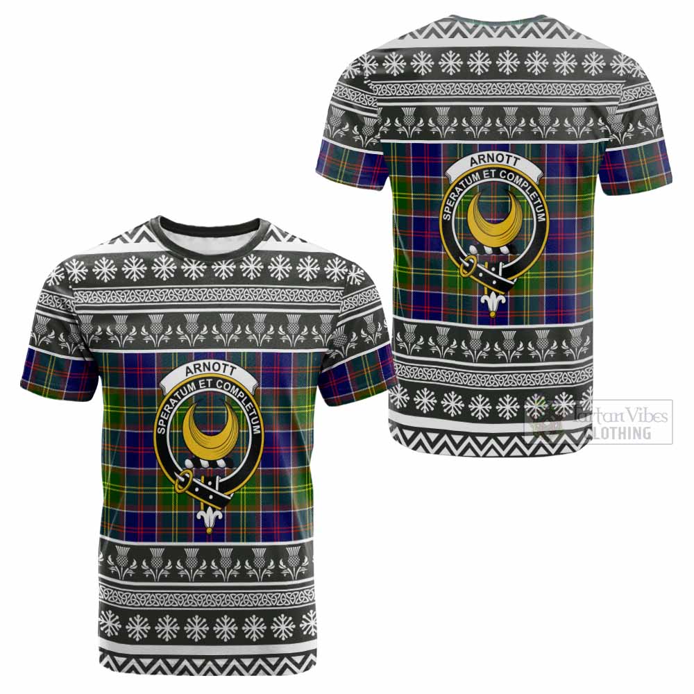 Arnott Clan Tartan Christmas Cotton T-shirt with Family Crest - Tartan Vibes Clothing