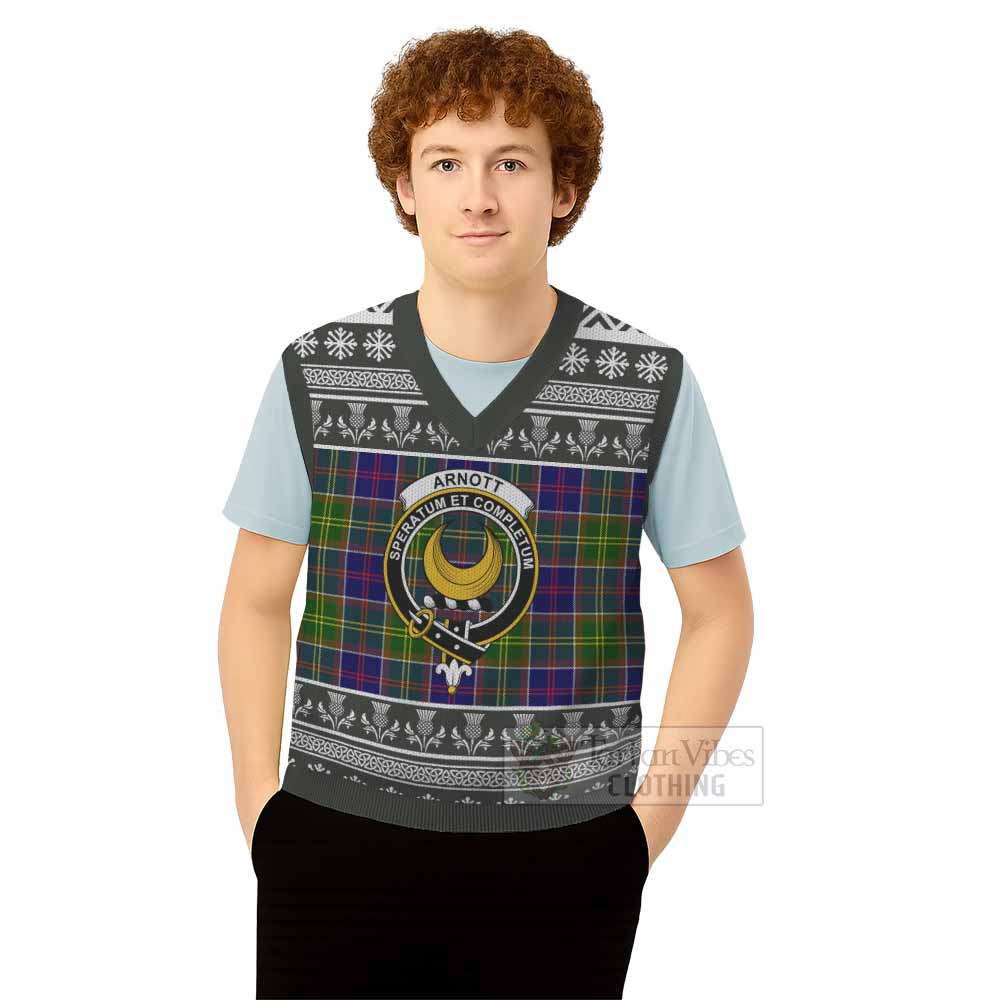 Arnott Clan Tartan Christmas Knitted V-Neck Vest with Family Crest - Tartan Vibes Clothing