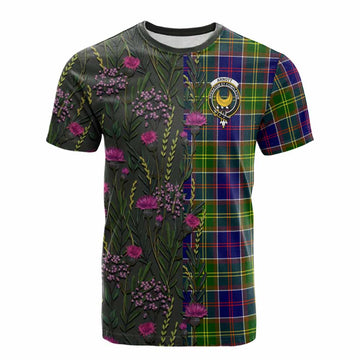 Arnott Family Crest Tartan Cotton T-shirt Scottish Thistle Flower Pattern Half Style