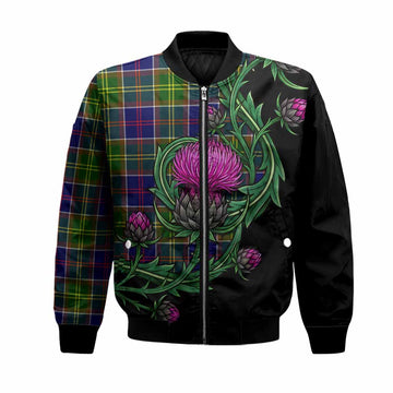 Arnott Tartan Bomber Jacket Resilient Scottish Thistle Unisex Black - Tartan Vibes Clothing