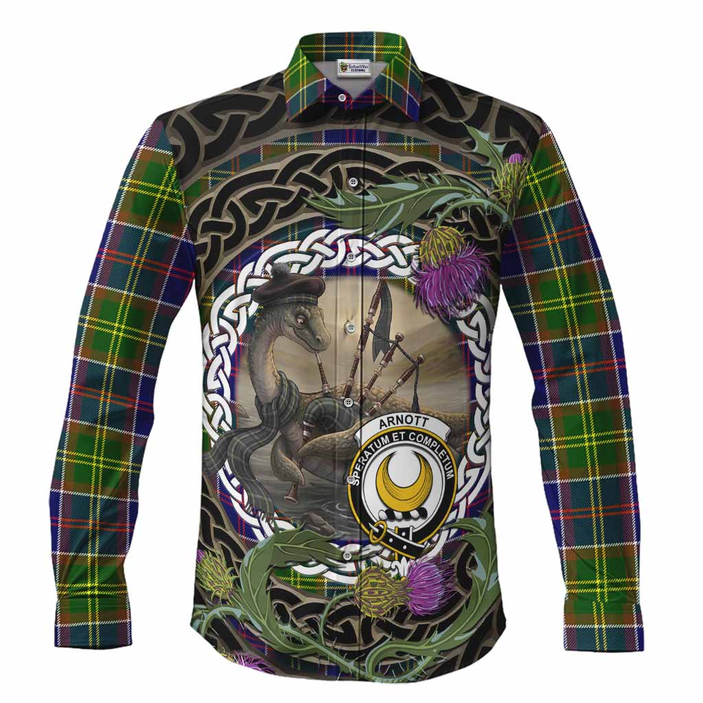 Arnott Tartan Crest Bagpipe Nessie Long Sleeve Button Shirts Scottish Loch Ness Monster Celtic Thistle