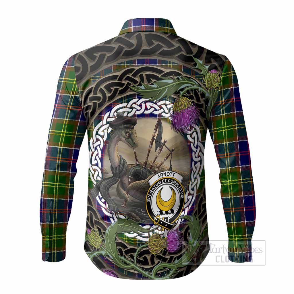 Arnott Tartan Crest Bagpipe Nessie Long Sleeve Button Shirts Scottish Loch Ness Monster Celtic Thistle