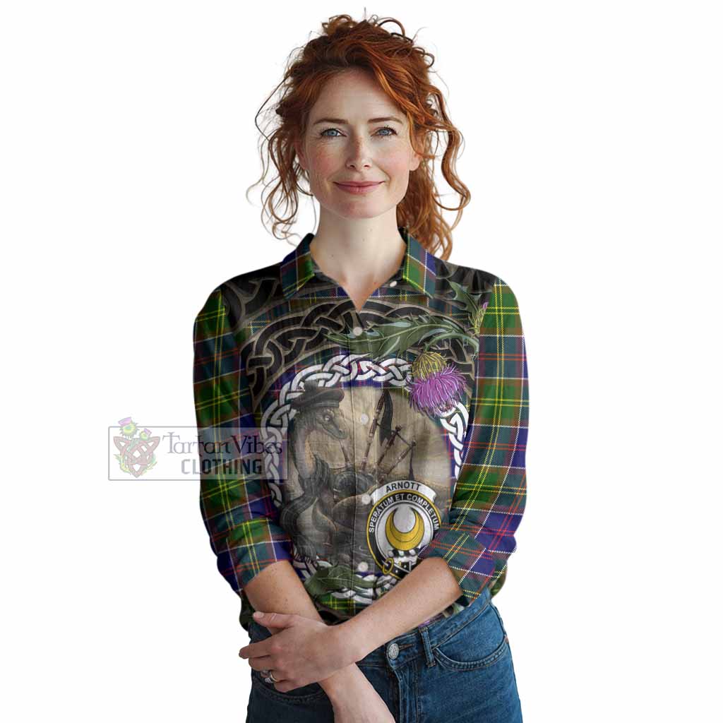 Arnott Tartan Crest Bagpipe Nessie Women Casual Shirt Scottish Loch Ness Monster Celtic Thistle