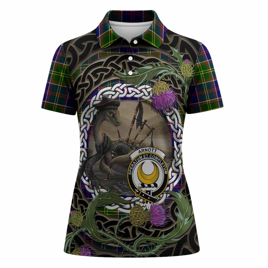 Arnott Tartan Crest Bagpipe Nessie Women Polo Shirt Scottish Loch Ness Monster Celtic Thistle