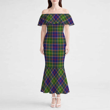 Arnott Tartan Off Shoulder Ruffle Mermaid Maxi Dress