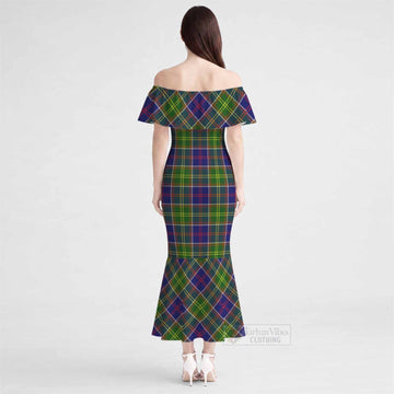 Arnott Tartan Off Shoulder Ruffle Mermaid Maxi Dress